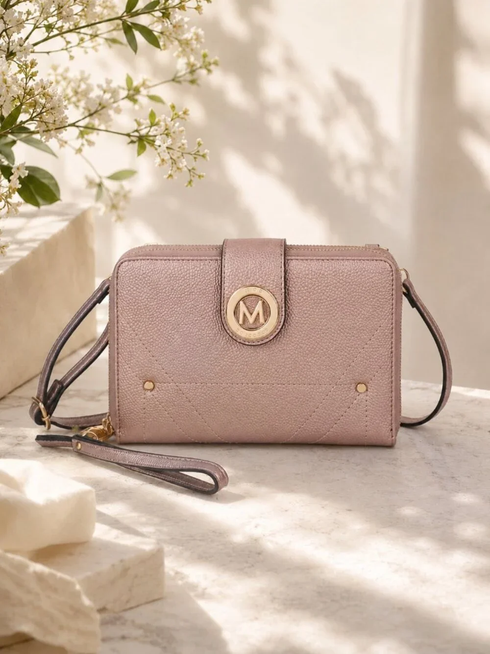 MKF Mia K Rose Gold Smartphone Wallet Crossbody Bag Vegan Leather Phone Purse